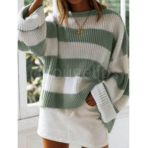 Colorblock Striped Green White Oversized Pullover Sweater - Picture 3 of 7